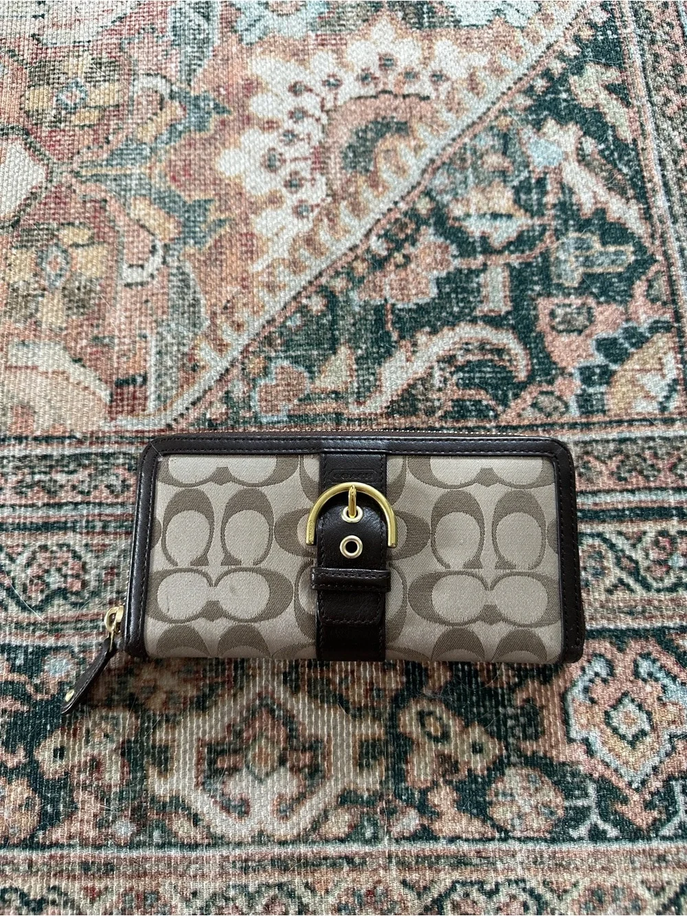 Coach Taupe and Dark Brown Signature Zip Wallet with Gold Buckle